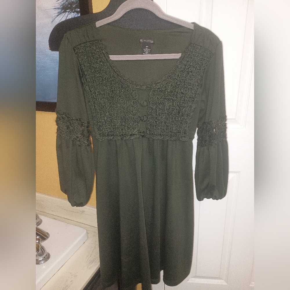 Dark Green Lace Bishop Sleeve Dress Cottage Core Fairy Lolitta